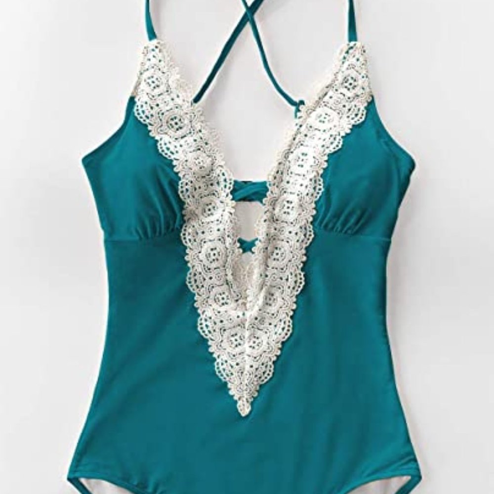 CUPSHE Women's Crochet and Teal One Piece Swimwear Bathing Suit - Large - NWOT